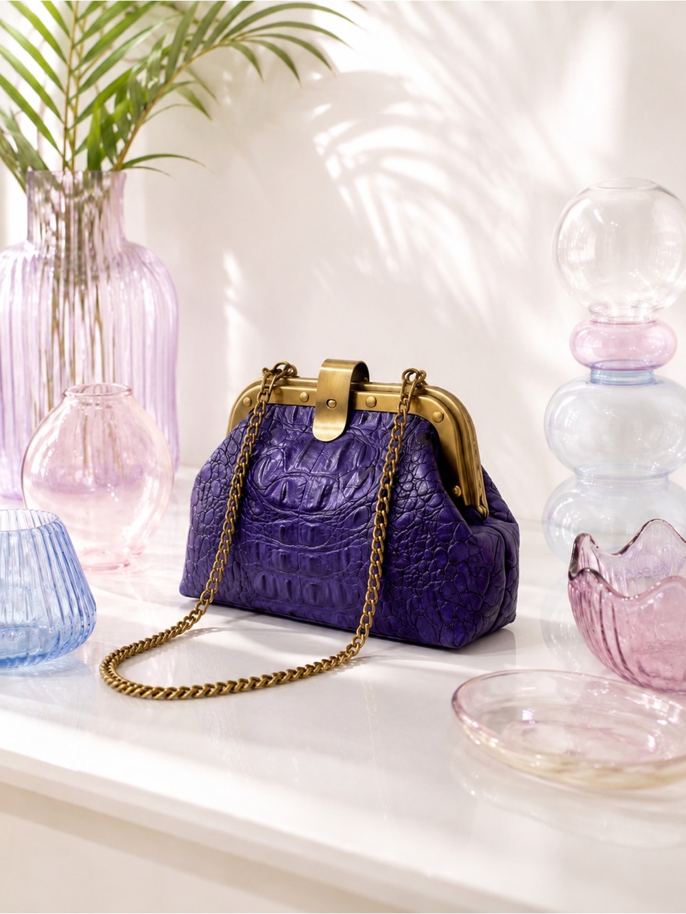 Genuine Crocodile Skin Frame Clasp Bag – Purple Exotic Leather Crossbody w Chain
